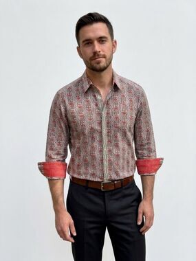 Robert Graham Bold Pattern Embroidered Long Sleeve Silk Flip Cuff Dress Shirt, M